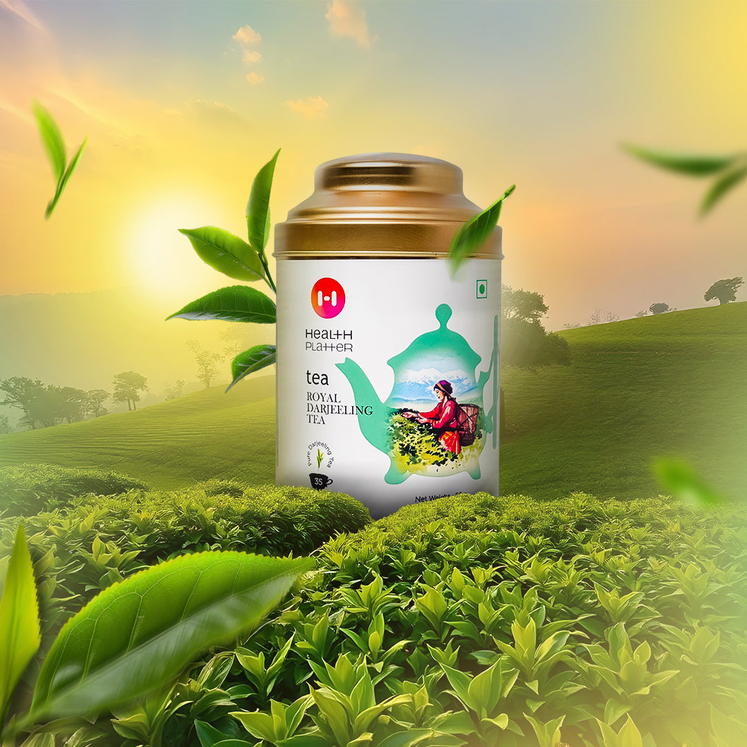 A package of Health Platter Royal Darjeeling Tea Wholeleaf Tea with an illustration of a tea plantation and a person picking tea leaves in the background.