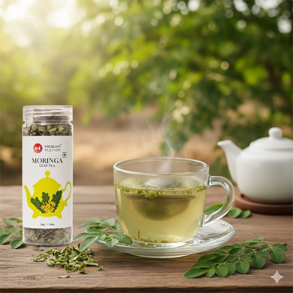 Moringa leaf tea packaging with a cup of tea on a wooden table outdoors.