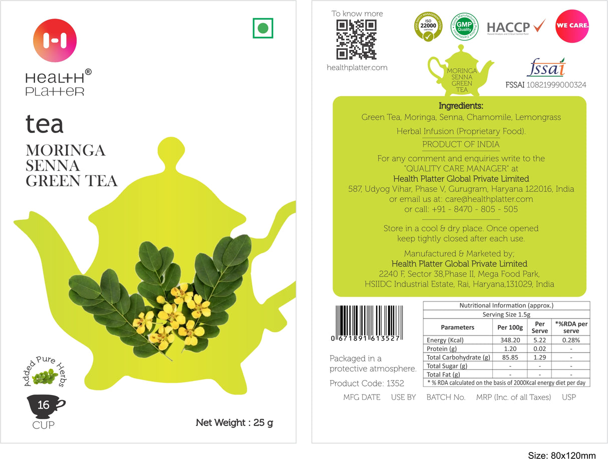 Tea package with green tea leaves and Moringa Senna Green Tea branding on a white background.