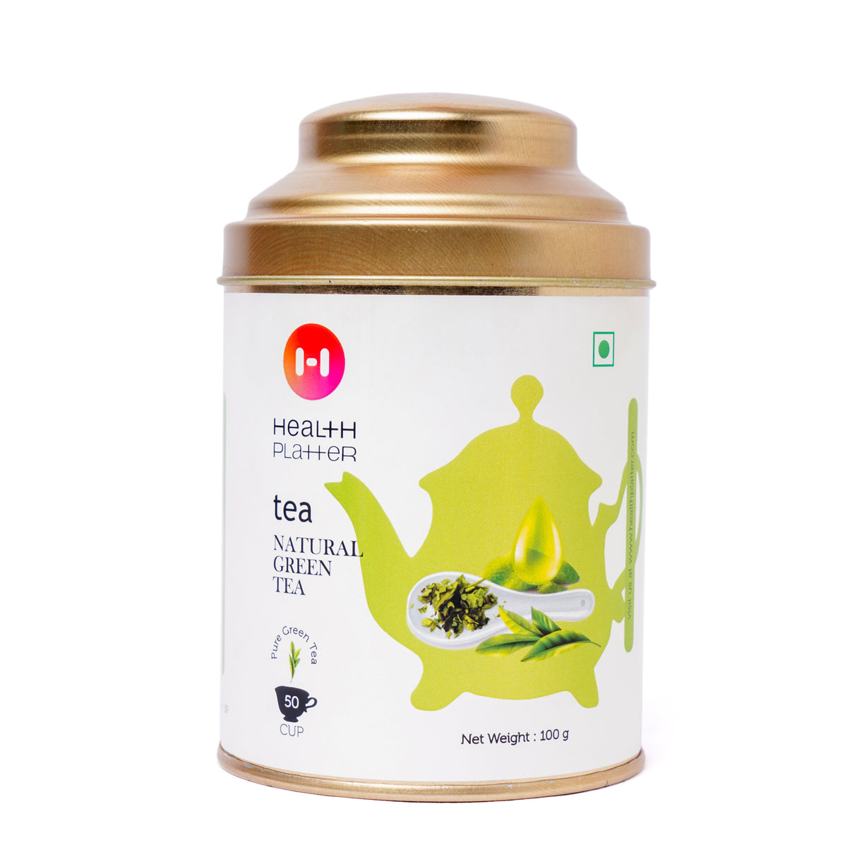 A tin caddy of Health Platter Natural Green Tea, with a green and yellow label, indicating it is a health-focused product.