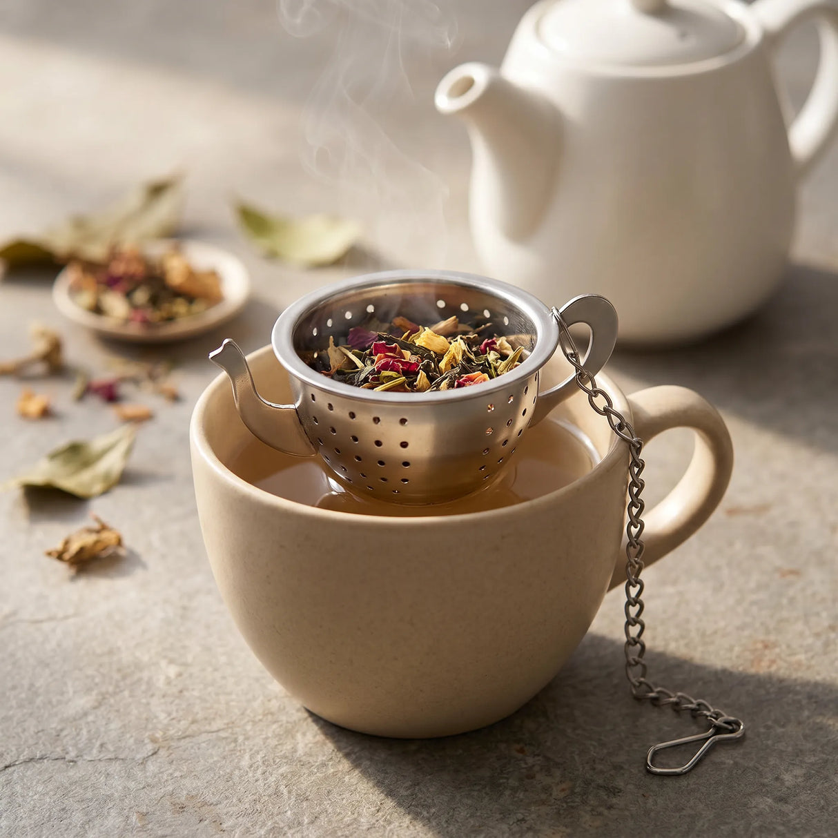 Teapot Shaped Tea Strainer with Chain Hook - Reusable Loose Leaf Filter