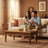 Man and woman sitting on a couch in a living room, enjoying chamomile tea together. chamomile moringa tea
