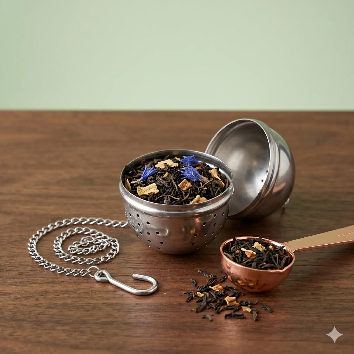 Stainless steel tea infuser ball with chain steeping loose leaf tea in a clear glass cup on a wooden surface with scattered tea leaves.