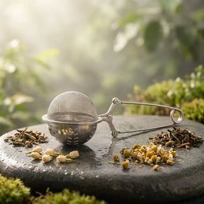 Premium stainless steel tea infuser ball resting on a wet stone surrounded by chamomile flowers, jasmine buds, and loose leaf tea in a natural forest setting.