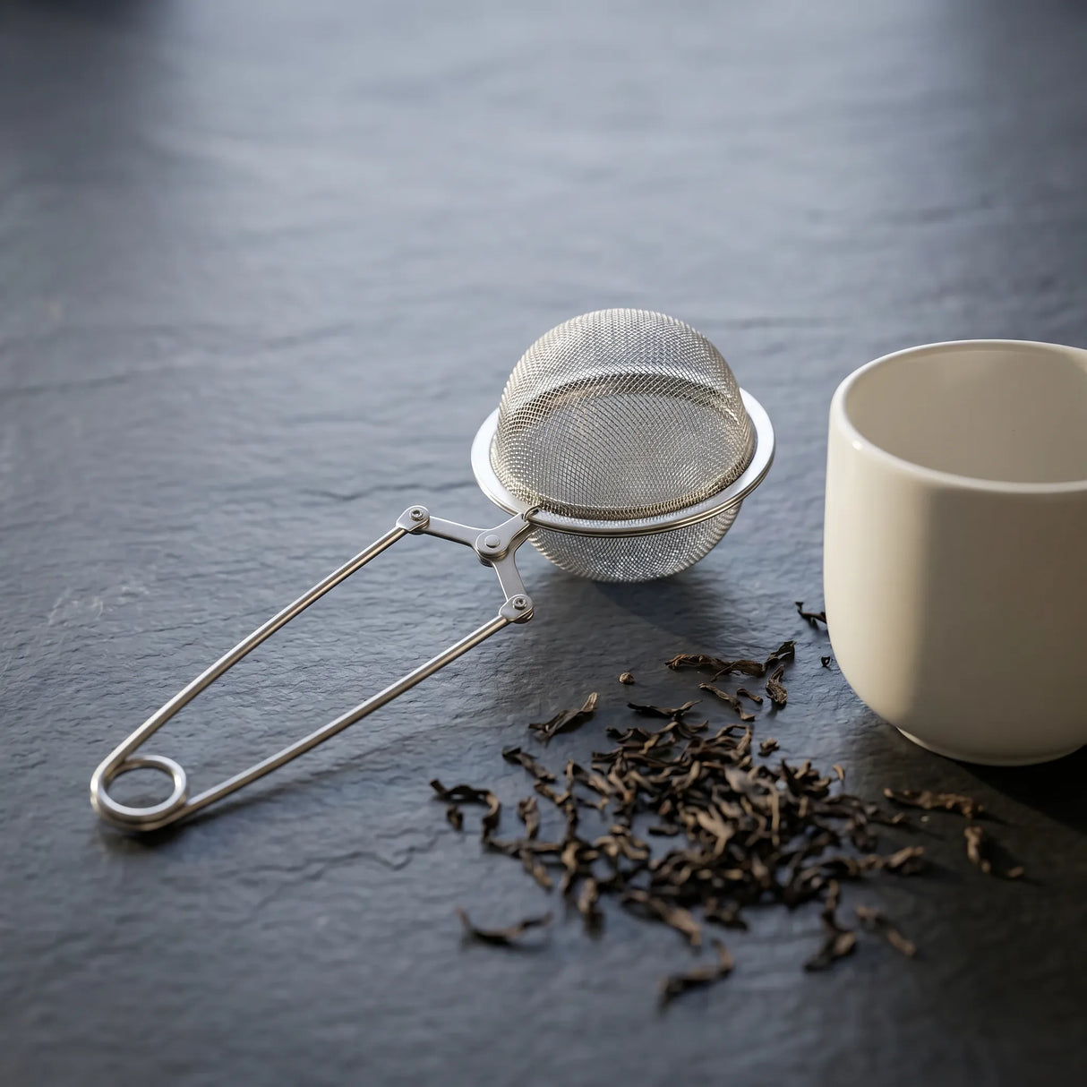 Sleek stainless steel mesh tea strainer with locking clamp beside a ceramic cup and scattered loose leaf tea on dark slate.