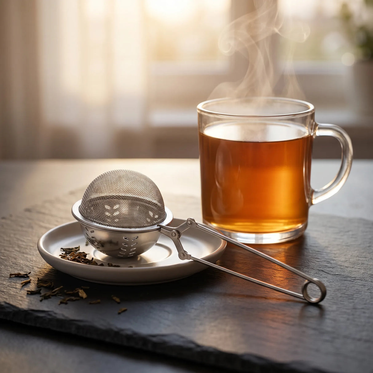Stainless steel tea infuser on a ceramic dish next to a steaming glass mug of amber tea in warm morning sunlight.