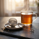 Stainless steel tea infuser on a ceramic dish next to a steaming glass mug of amber tea in warm morning sunlight.