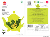 Tea package with green tea leaves and Moringa Senna Green Tea branding on a white background.