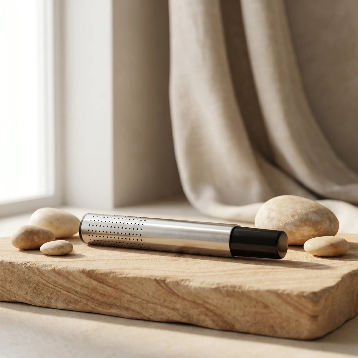 Sleek cylindrical tea strainer with black handle resting on a natural wood board beside smooth river stones