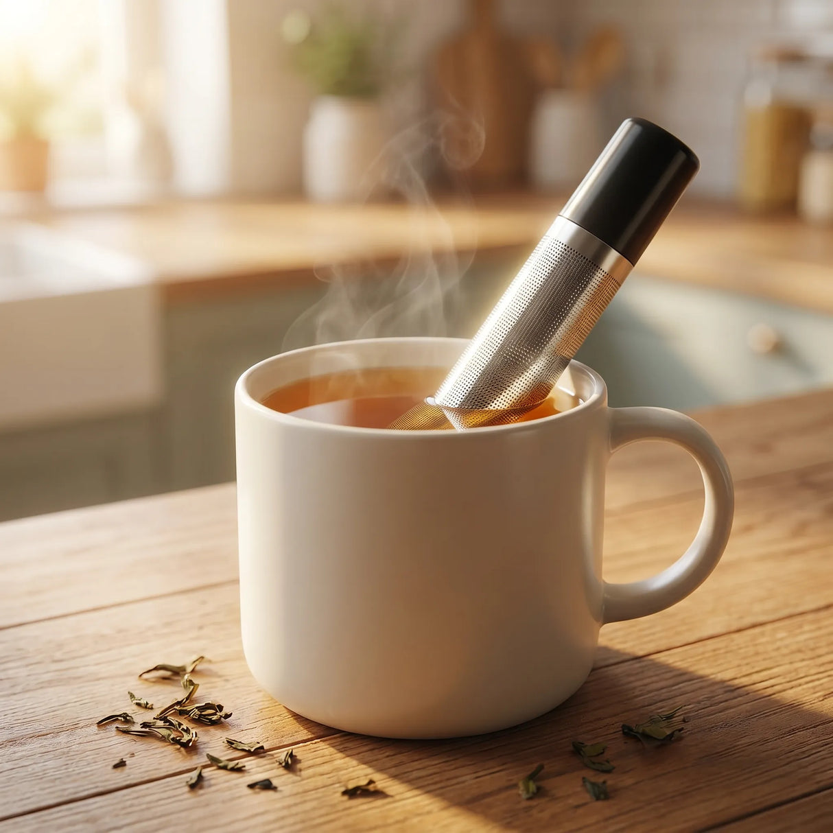 Modern stainless steel tea infuser standing upright on a slate board with dried tea leaves and flower buds