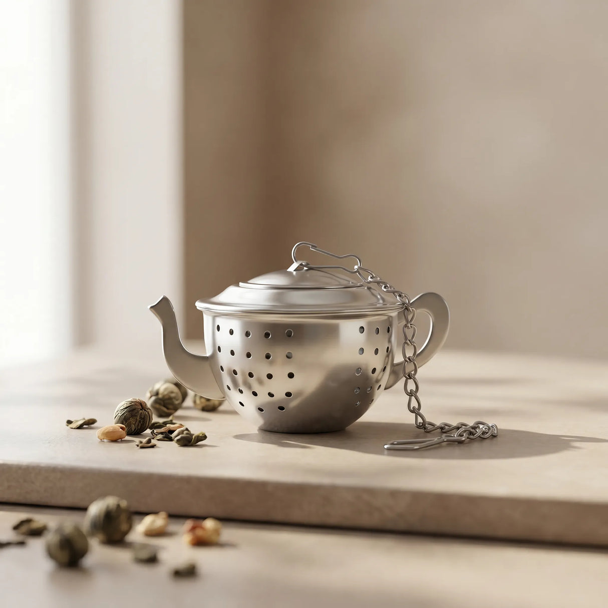 Teapot Shaped Tea Strainer with Chain Hook - Reusable Loose Leaf Filter