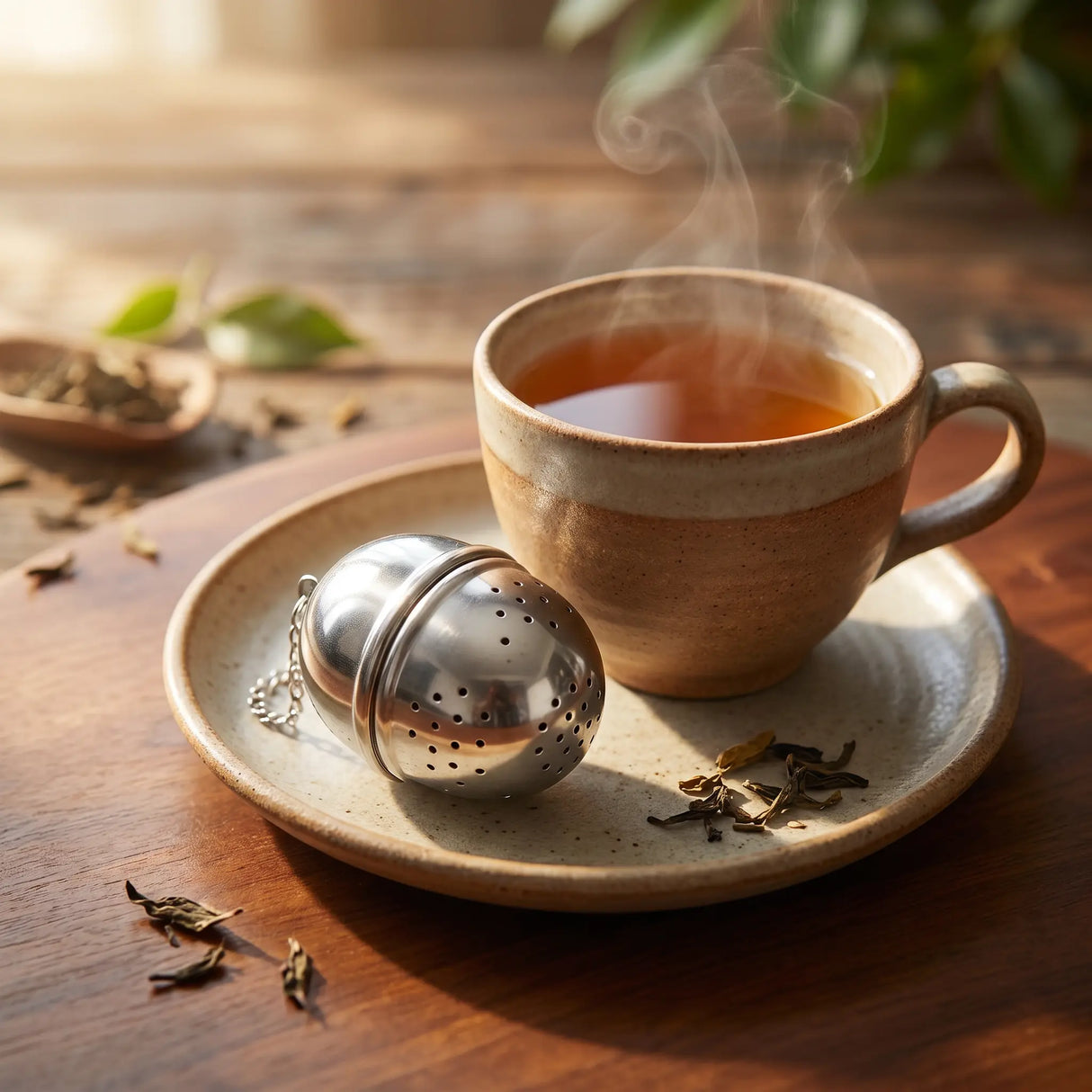 Stainless steel tea infuser ball with chain steeping loose leaf tea in a clear glass cup on a wooden surface with scattered tea leaves.