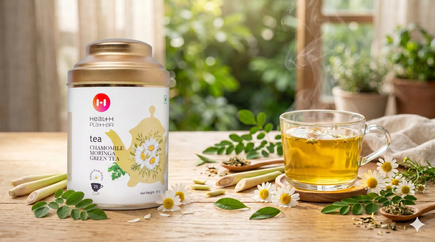 A warm cup of Health Platter specialty green tea surrounded by natural medicinal herbs and plant-based health supplements.